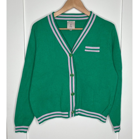 Sioni Sweaters - Sioni Kerry Varsity Style Cardigan with Detail Stripes in Green & Blush Pink